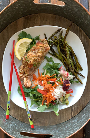 hot and sweet salmon with prebiotic salad and roasted asparagus
